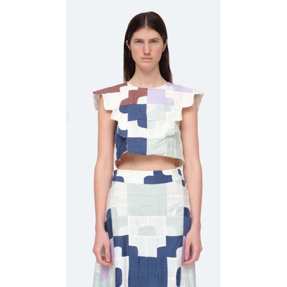 Sea New York Cari Top Multi Patchwork Quilted Crop Cap Sleeve Womens S